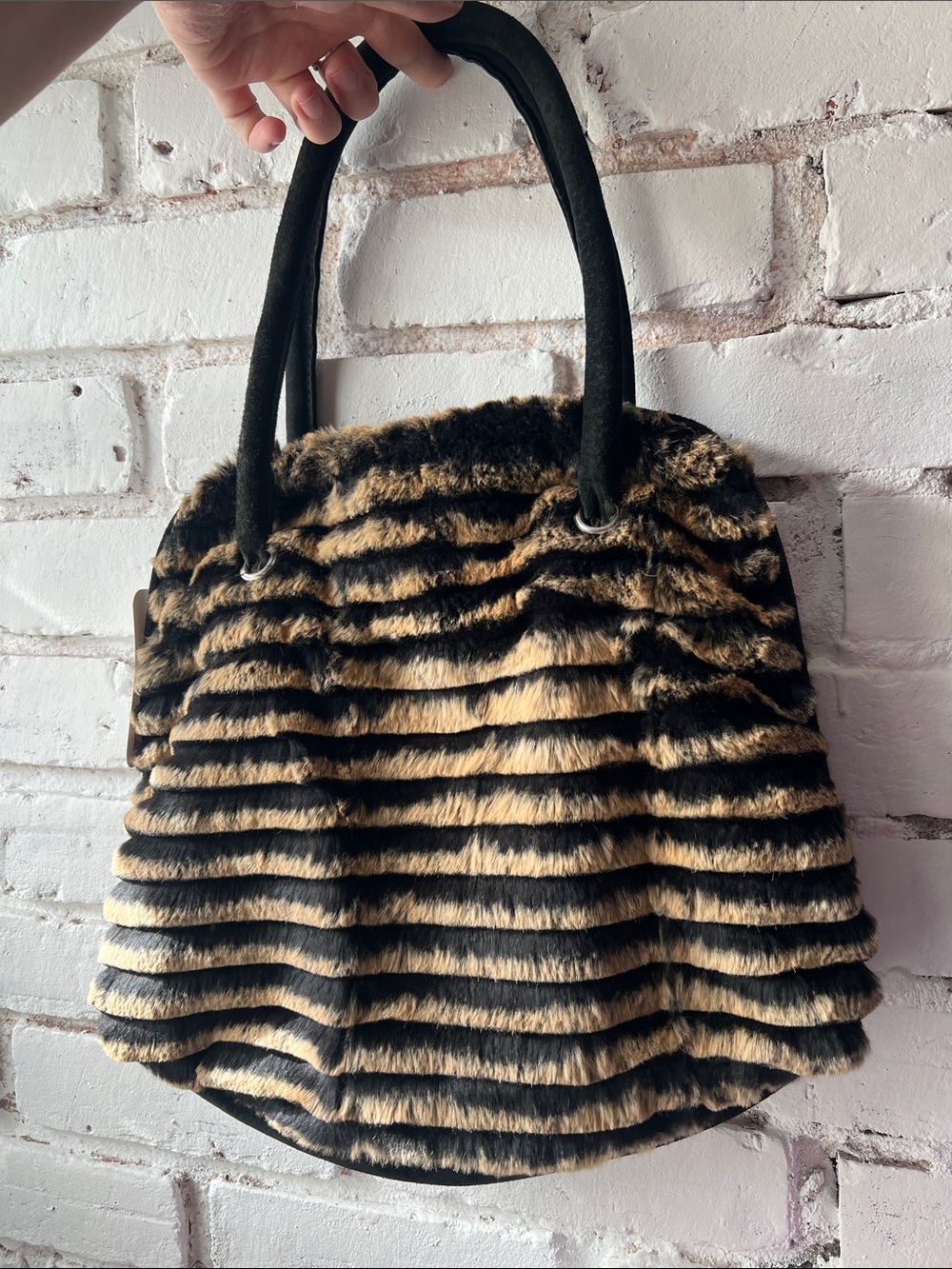 Vintage Black & Tan Faux Fur Striped Tote